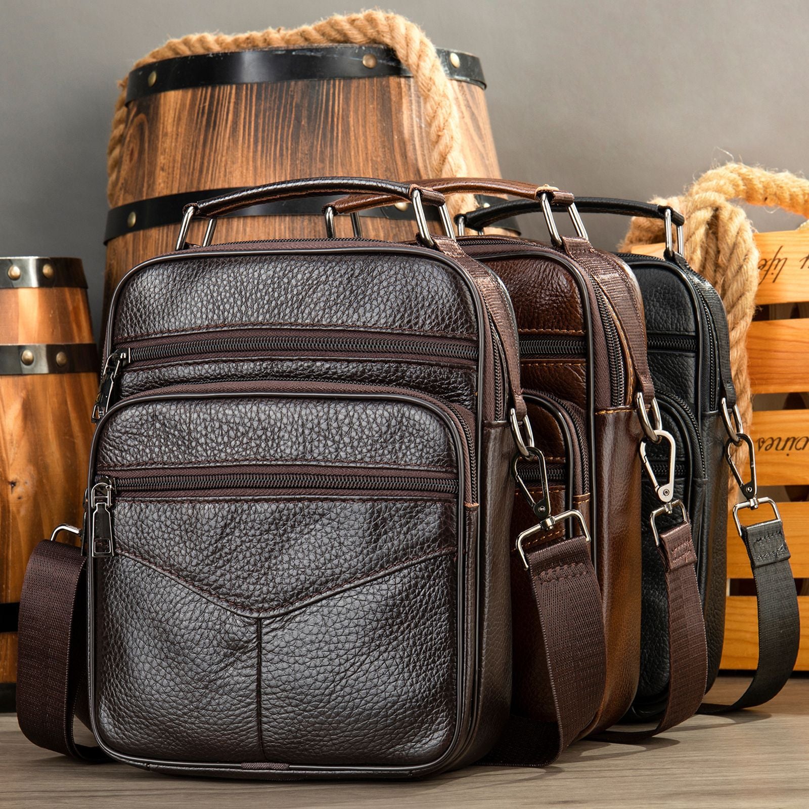 Men's Top Grain Leather Large Capacity Business Commuter Crossbody Bag Genuine Leather